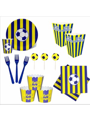 Zenviva Taraftar Sarı Lacivert 8 Tabak, 8 Bardak, 8 Mısır Kutusu, 10 Peçete, 10 Çatal, 10 Kürdan, 8 Cupcake