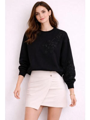 Gigi Giyim Çiçek Taş Işlemeli Üç Ip Kadın Sweatshirt