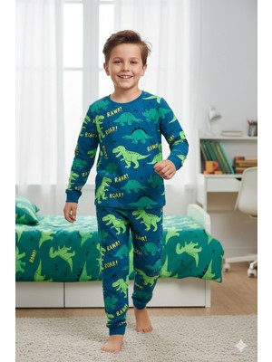 Isobel Ideal Sepet-Yeni Sezon Dinozor Desenli %100 Pamuklu Erkek Pijama Takımı-8-13