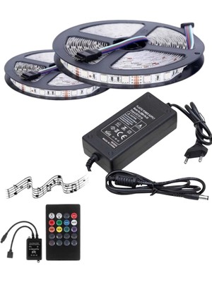 Powerr Led Aydınlatma 10 Metre 12V 60 Ledli Rgb Iç Mekan Şerit LED 5A Plastik Adaptör Sese ve Müziğe Duyarlı LED Kontrol Üniteli Set