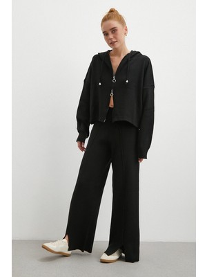 Çift Fermuarlı Kapüşonlu Pantolonlu Takım Siyah
