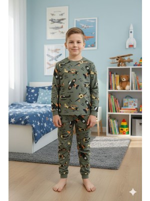 Isobel Ideal Sepet-Yeni Sezon Uçak Desenli %100 Pamuk Süprem Pijama Takımı-8-13 Yaş