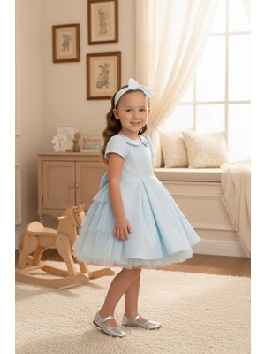 Pamina Kız Bebek Fiyonk Detaylı ve Saç Bandlı Elbise 6-24 Ay Mavi