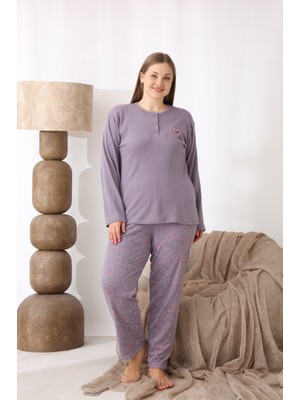 Eyfuze kadın Büyük Beden Desenli Yakası Düğmeli Uzun Kollu Kışlık Pijama Takımı