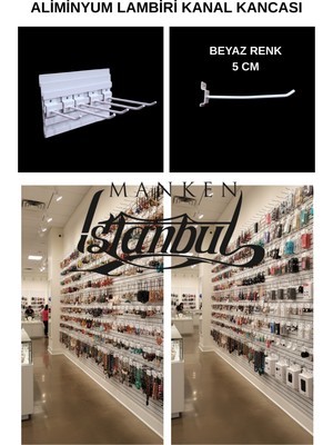 Manken İstanbul Beyaz Renk 5 cm - 25 Adet Özel Alüminyum Lambiri Kanal Kancası - Raf Askısı - Raf Kancası