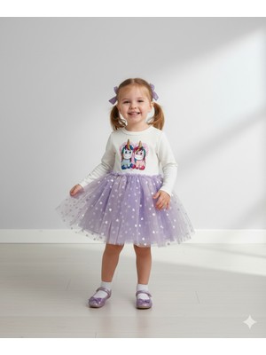 Dudese Kız Çocuk Unicorn Baskılı Kalpli Tütü Prenses Elbise - Lila