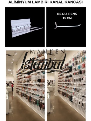 Manken İstanbul Beyaz Renk 15 cm - 100 Adet Özel Alüminyum Lambiri Kanal Kancası - Raf Askısı - Raf Kancası