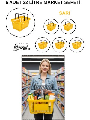 Manken İstanbul 22 Litre 6 Adet Market Sepeti, Alışveriş Sepeti, Saplı Market Sepeti