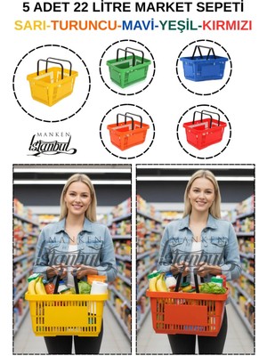 Manken İstanbul 22 Litre 5 Adet Market Sepeti, Alışveriş Sepeti, Saplı Market Sepeti