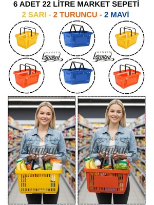 Manken İstanbul 22 Litre 6 Adet Market Sepeti, Alışveriş Sepeti, Saplı Market Sepeti