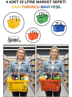 Manken İstanbul 22 Litre 4 Adet Market Sepeti, Alışveriş Sepeti, Saplı Market Sepeti