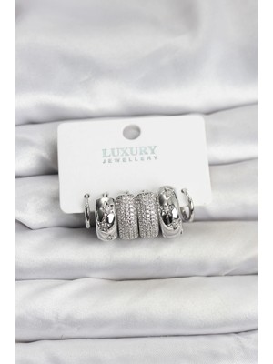 Mey İthalat Bfs Zirkon Taşlı Pirinç Gümüş Renk Halka Kadın Küpe Seti