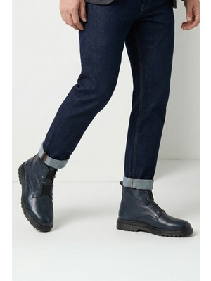 Bruno Shoes Lacivert Eskitme Hakiki Deri Elastik Bağcıklı Fermuarlı Hafif Eva Taban Erkek Postal Bot