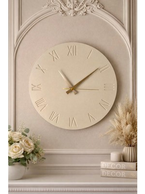 Dekoratif Roma Rakamlı Ahşap Tasarım Duvar Saati Bej (Hand Made)