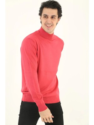 Velmora Fashion Erkek Yarım Boğaz Triko Kazak Yumuşak Dokulu Pamuklu Ince Dokuma, Uzun Kollu Rahat Regular Kalıp - Pembe
