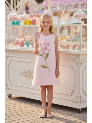 Pamina Kız Çocuk 3D Çiçek Buketi Elbise ve Saç Bandı 3-7 Yaş Pudra