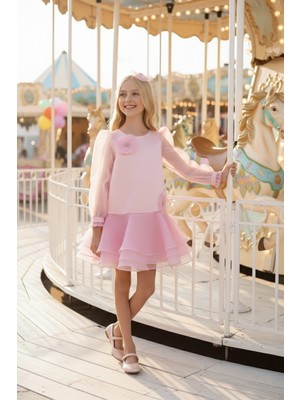 Pamina Kız Çocuk Çiçek Işlemeli Organza Elbise 3-7 Yaş Pudra