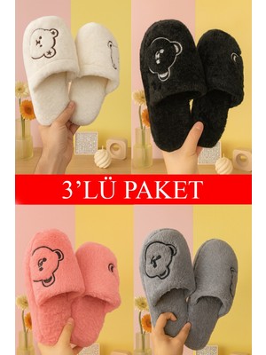 ModaFrato 3'lü Paket MOMO Ayıcık Kapalı Kadın Terlik Ev Terliği