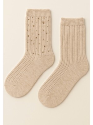 Kadın Taş Aksesuarlı Fitilli Yün Soket Çorap