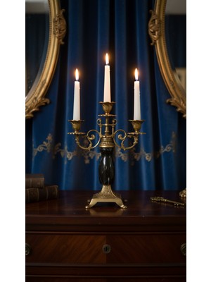 Montdekor El Yapımı Mermer Taşlı Bronz Desenli Şamdan