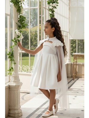 Pamina Kız Çocuk Işlemeli Pelerinli Elbisesi 3-7 Yaş Ekru