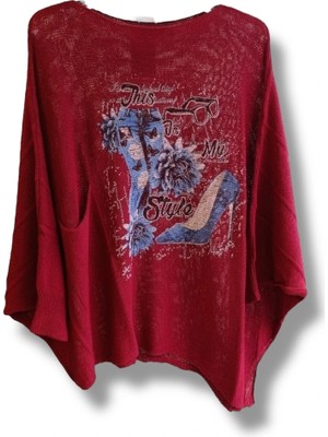 Kadın Merserize Triko Bluz –oversize Rahat Kalıp, Baskılı Bluz (38-48 Beden) Bordo Bordo