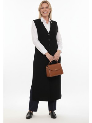 Elvin Triko Büyük Beden Tesettür Çelik Örgü Kadın Fitilli Anne Uzun Yelek