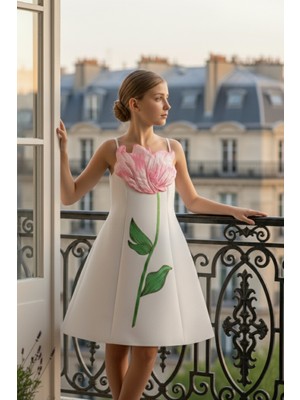 Pamina Kız Çocuk Lale Motifli Elbise 8-15 Yaş Ekru