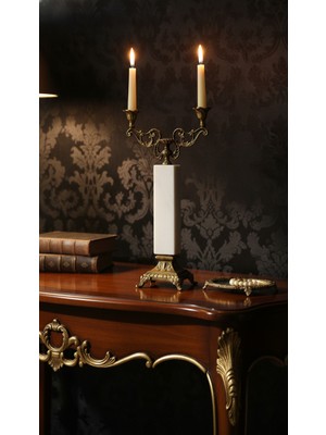 Montdekor El Yapımı Mermer Taşlı Bronz Deenli Şamdan (45 cm yükseklik)