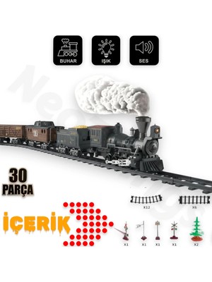 Yıldırım Oyuncak Pilli Buharlı Sesli LED Işıklı Aksesuarlı Gerçekçi Lokomotif 30 Parça Klasik Tren Seti