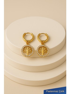 Trend Collection Işıltılı Gold Hayat Ağacı Yuvarlak Kadın Çelik Küpe