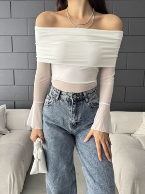 İnci Zehra Kadın Beyaz Transparan Kol Madonna Yaka Bluz