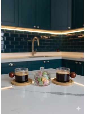 Yakut Bambu Altlıklı Akasya Kulplu Cam Espresso Kahve Fincanı 2 Adet & Kristal Desenli Cam Şekerlik