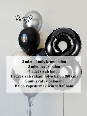 Siyah Rakam Folyo Gümüş Metalik Balon Seti 10'lu Doğum Günü Balon Seti