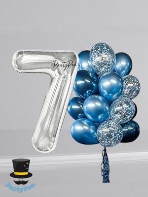 Gümüş Rakam Folyo Mavi Balon Seti 15'li Doğum Günü Balon Seti Şeffaf Balon Metalik Balon