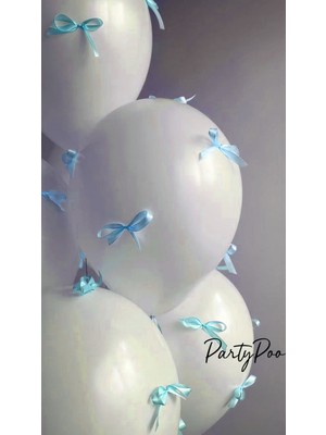 Mavi Fiyonk Kurdeleli Beyaz Balon Seti 10'lu Doğum Günü Parti Seti