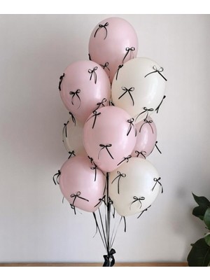 10'lu Pembe Beyaz Balon ve Siyah Fiyonklu Doğum Günü - Bride To Be Parti Seti Kurdeleli Balon