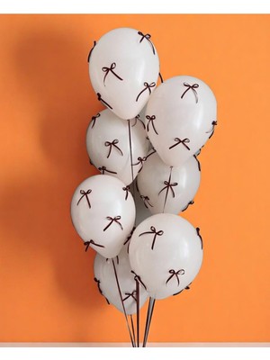 Kahverengi Fiyonk Kurdeleli Krem Balon Seti 10'lu Doğum Günü Seti Fiyonklu Balon, Kurdeleli Balon