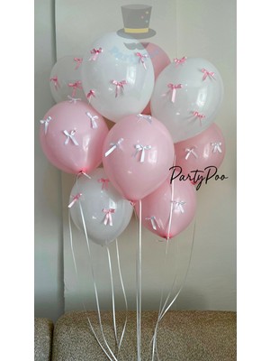 Pembe ve Beyaz Fiyonk Kurdeleli Pembe-Beyaz Balon Seti 10'lu Doğum Günü Seti Fiyonklu Balon