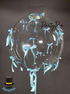 Şeffaf Bobo Balon Mavi Kurdele Fiyonk Seti Fiyonklu Balon