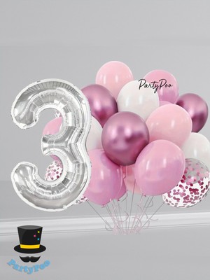 Gümüş Rakam Folyo Pembe Balon Seti 15'li Doğum Günü Balon Seti