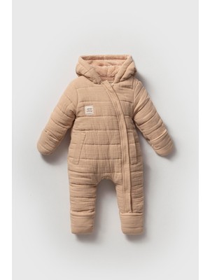 Magu Unisex Bebek Bej Kapitone Kapüşonlu Tulum – Fermuarlı ve Cepli Kışlık Model