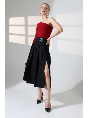 Lubiti Lima Kumaş Pileli Etek/gizli Yırtmaçlı Çift Kemer Tokalı