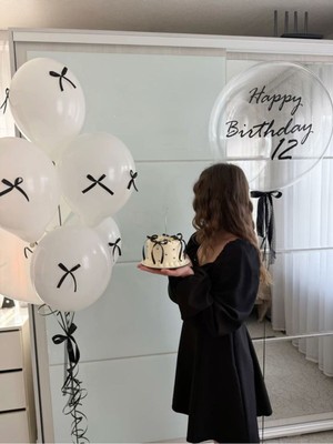 10 Beyaz + 1 Şeffaf Bobo Fiyonklu Balon Seti – 30 Siyah Kurdele ile Parti & Doğum Günü Süsü