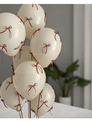 Kahverengi Fiyonk Kurdeleli Kum Beji Balon Seti 10'lu Doğum Günü Fiyonklu Balon , Kurdeleli Balon