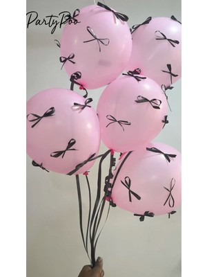 Siyah Fiyonk Kurdeleli Pembe Balon Seti 10'lu Doğum Günü Fiyonklu Balon , Kurdeleli Balon