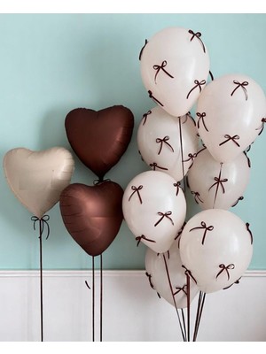Kahverengi Fiyonk Kurdeleli Krem ve Kalp Balon Seti 10'lu Doğum Günü Seti Fiyonklu Balon