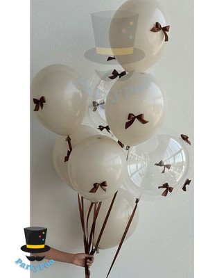 Kahverengi Fiyonk Kurdeleli Şeffaf-Kum Beji Balon Seti 10'lu Doğum Günü Parti Seti