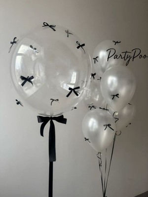 Siyah Fiyonklu Bobo ve Metalik Beyaz Balon Seti 10LU Doğum Günü Seti Fiyonklu Balon, Kurdeleli Balon