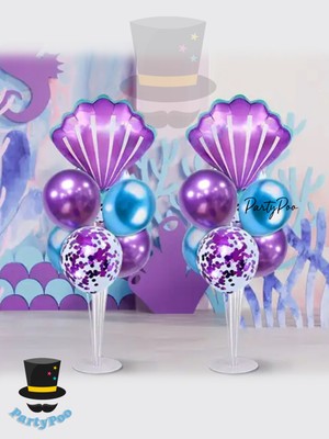 1 Adet Balon Standlı Istiridye Deniz Kabuğu Folyo ve Metalik Balon Seti 7'li Deniz Kızı Balon Seti